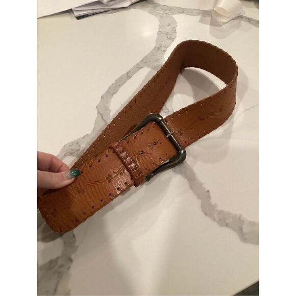 Sax Fifth Avenue Leather Brown Belt Sz S Braided Trim Embossed main image 7